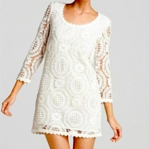 FRENCH CONNECTION Lark Rise Lace Dress Scalloped Crochet Trim Blue | 4 - Picture 2 of 13